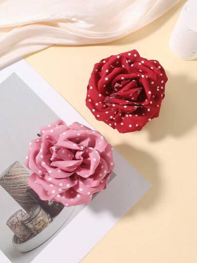 1pc French Polka Dot Rose Hair Clip, Large Fabric Rose Hair Claw Clip, Elegant Floral Hair Accessory Suitable For Bridal, Date Night And Classic Hairstyles