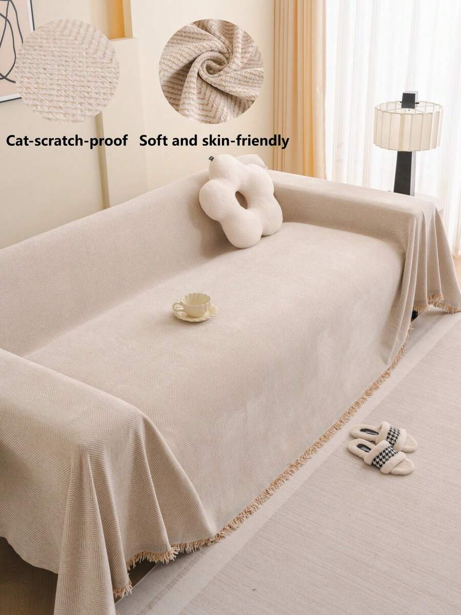 1件装简约雪尼尔沙发套，装饰性沙发保护套，家居装饰，宠物友好，透气，柔软舒适，防滑，防尘，防刮擦，四季皆宜，适用于卧室、客厅、书店、办公室、汽车、俱乐部、派对、1-4人沙发、L型沙发 - 卡其色 - 查看 1