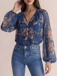 Elegaris Women's Summer New Arrival Multicolor Chiffon Floral Print V-Neck Long Sleeve Retro Elegant Versatile Cardigan Top Vacation Spring Casual - Blue - View 5