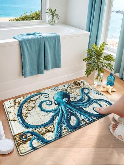 DAJIANG 1pc Vintage Nautical Octopus Bathroom Mat, Multi-Color Ocean Style Bath Mat, Suitable For Bathroom, Kitchen, Outdoor, Indoor, Hallway, Bedroom, Living Room, Machine Washable, Non-Slip Bottom, Easy To Clean, Bathroom, Bedroom Decor, Holiday Bathroom Decor, Decorative Carpet, Bathroom Accessories, Room Decor Set, Outdoor Decorative Mat