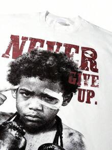 Vintage T Shirts Men, Never Give Up Little Boxer Head Retro Print, 100% Cotton Crew Neck Short Sleeve, Y2K Hip Hop Street Style, Big And Tall,   For Men - 白色 - 查看 4
