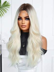 渐变色24英寸中分长卷发假发，优雅时尚，适合女性佩戴，采用耐热合成纤维机织而成，适合日常佩戴、旅行、派对和节日场合，是送给女孩的理想节日礼物。 - 漸變金色 - 查看 6