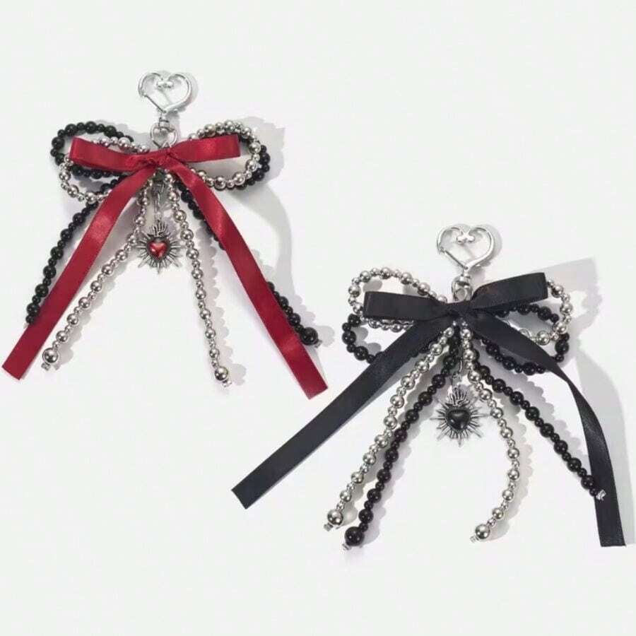 Móc khóa mặt dây chuyền hình trái tim đính hạt thủ công kiểu Hàn Quốc sang trọng, nơ ruy băng, phụ kiện túi xách. - Nhiều màu - Xem 1