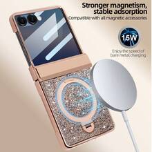 VIETAO Funda protectora para teléfono plegable Galaxy Z Flip 7/6 con Body completo, protector de pantalla de vidrio templado, con soporte circular, lentejuelas y cristales rhinestone, acabado brillante y chapado - Oro champán - Ver 2