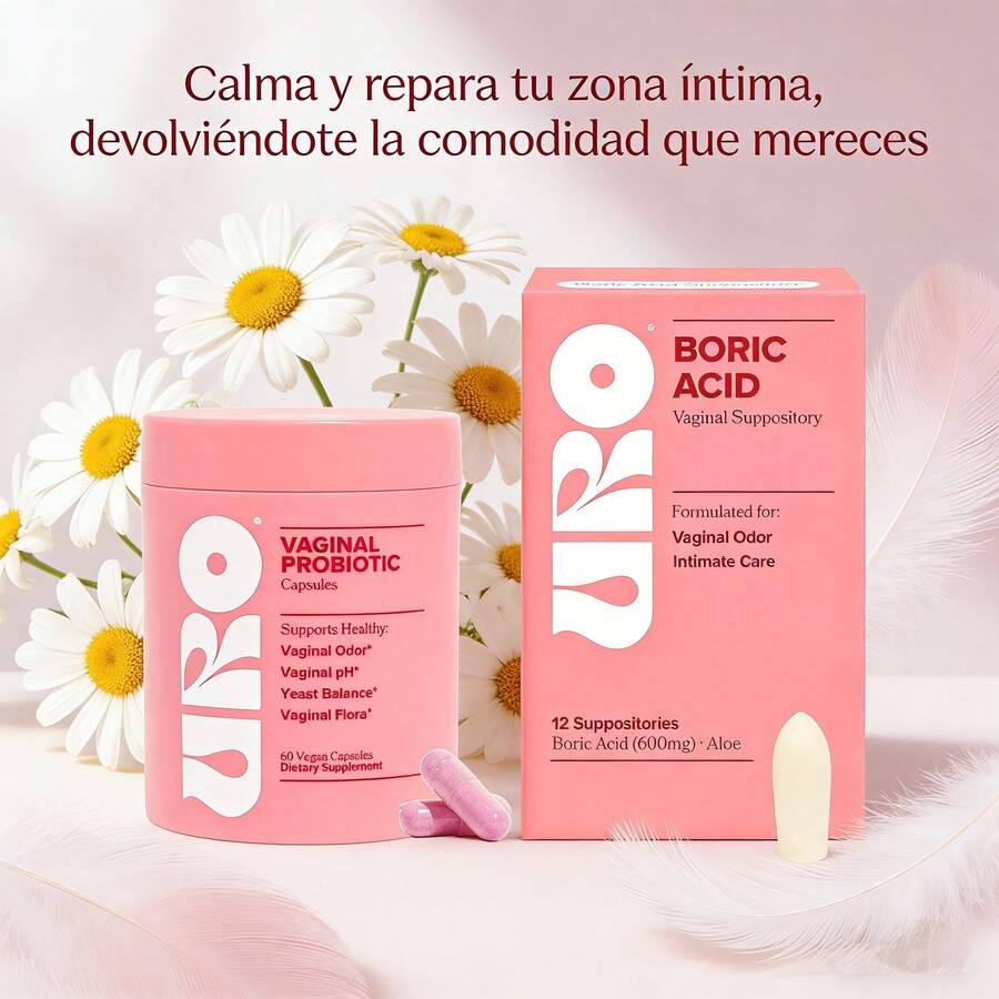 URO Vaginal Probiotic Suplemento Dietario 60 Capsulas + Supositorio Vaginal De Ácido Bórico U r o,con Ácido Láctico Y Aloe Para El Alivio Rápido Y El Control Del Olor Vaginal 12 Cuentas - Combinación - Ver 1
