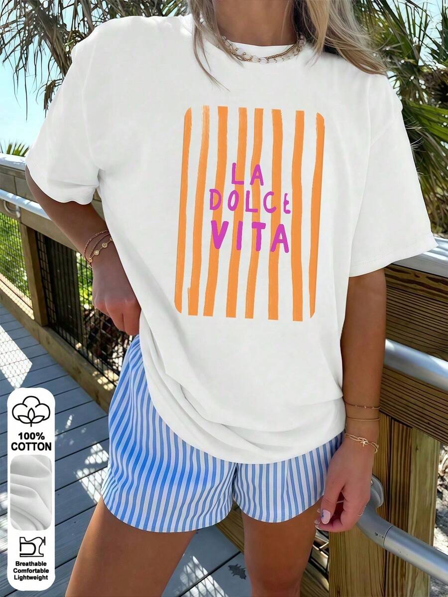 女款時尚休閒 La Dolce Vita 印花短袖圓領標準版型 T-shirt 上衣,適合日常穿著、戶外、Y2K、街頭風 - 白色- - 查看 1