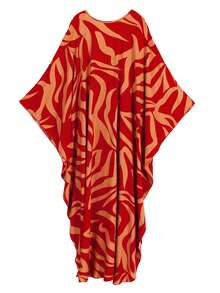 Saída de praia feminina de luxo, modelo longo, com estampa romântica, decote em V profundo, mangas morcego e modelagem solta, ideal para festas e eventos na primavera/verão de 2026. - Vermelho - Ver 5