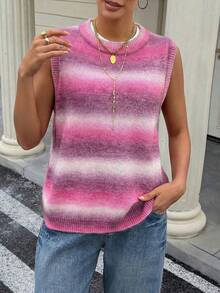 Live To Mo 粉色条纹渐变圆领无袖女士休闲夏季针织背心，适合夏季日常休闲穿着 - 粉色 - 查看 3
