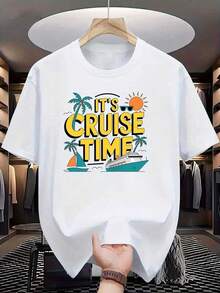 Camiseta masculina unissex ZIVRE 'Cruise Time' com estampa - Design preto de navio de cruzeiro tropical, palmeiras e pôr do sol, manga curta, gola redonda, estilo casual de verão, lavável à máquina, modelagem regular, ideal para férias na praia | Roupa náutica divertida | Camiseta com estampa digital, acessórios para viagens de cruzeiro - Branco - Ver 6