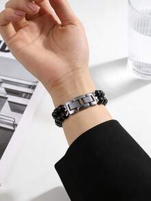 1pc Black Fashion Jewelry-Style Watch Band, Compatible With Apple Watch Series 11/10/Ultra/9/8/7/6/5/4/3/2/1/SE, Handmade Double-Row Beaded Stainless Steel Jewelry Clasp, Personalized Creative Design, Compatible With Apple Smartwatch Strap - Black - View 3