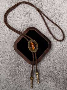 1pc Vintage Bolo Tie Necklace, Natural Blue Turquoise Oval Pattern Design Long Boho Western Cowboy Style Rope Necklace - Multicolor - View 11