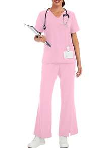 1 Set Solid V-Neck Short Sleeve Top And Split Pants, Pocket Workwear Scrub Suit For Veterinary Hospital, Clinic, Private Care Pink Fall - Pink - View 6