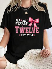 Camiseta Unisex 100% Algodón Hello Twelve Est 2014 con Lazo Coqueta para 12º Cumpleaños, Camiseta de Manga Corta con Estampado Gráfico para Hombre y Mujer, Tops Casuales - Negro - Ver 1