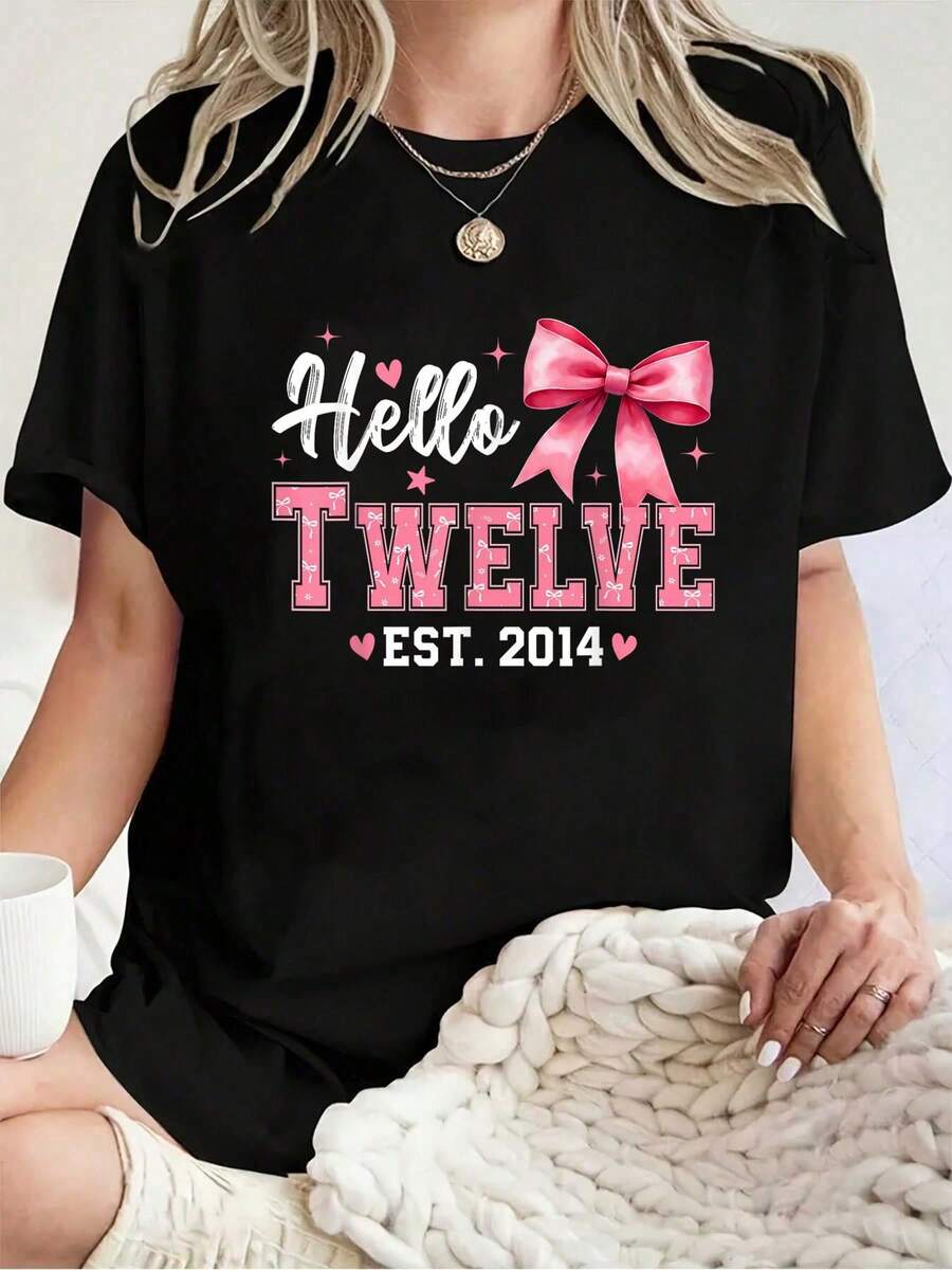 Camiseta Unisex 100% Algodón Hello Twelve Est 2014 con Lazo Coqueta para 12º Cumpleaños, Camiseta de Manga Corta con Estampado Gráfico para Hombre y Mujer, Tops Casuales - Negro - Ver 1