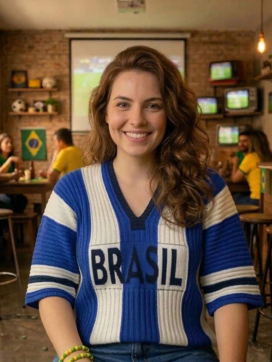 Women's Striped T-Shirt Brazil World Cup Ribbed Modal Knit V-Neck Short Sleeve Summer - Azul marino/blanco - Ver 1
