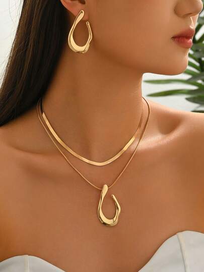 2pcs Asymmetrical Geometric Pendant Necklace And Earrings Set, Elegant For Vacation, Casual, Party, Commute, Versatile Jewelry