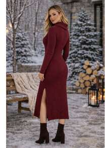 Midi Dress With A Cowl Neck, Long Sleeves, Side Slits, Knit Fabric. - 紅木色 - 查看 2