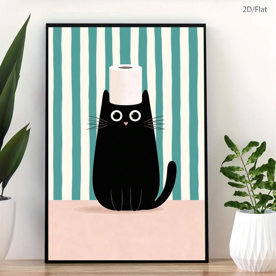 1幅异想天开的幽默猫咪拿着卫生纸图案帆布艺术印刷海报，现代墙面艺术装饰画，有趣的猫主题装饰，适用于卧室、客厅、办公室、书房、浴室、厨房、走廊、宿舍、公寓墙面装饰和家居装饰，是送给朋友的理想礼物。 - 彩色 - 查看 1