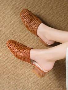 Giày sandal nữ mũi vuông dệt kim, giày cao gót màu nâu thanh lịch, giày đế dày rỗng thích hợp cho các buổi tiệc ngoài trời. - màu nâu - Xem 6