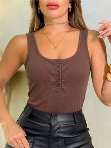 Women's Cotton Tank Top With Button Closure (Runs Slightly Small, We Recommend Ordering One Size Larger). - Brown - View 1