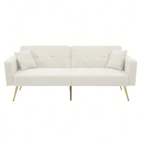 Bäddsoffa med justerbar lutning, guldfärgade ben, kuddar och förvaringsfickor på sidan - Vitt - Visa 1