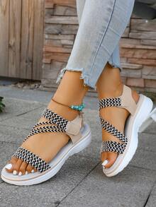 Women's Flat Woven Casual Sandals, Minimalist Beach Peep-Toe Sandals - Beige - View 2