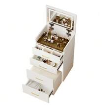 3-In-1 Dressing Table With Open Mirror, Small Dressing Table Set With Clear Glass Tabletop, Compact Dressing Table With 3 Drawers, Bedroom Dressing Table, Dimensions: W60/H118/D40 Cm. - White - View 8