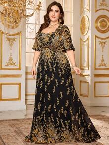 SUPGIR Plus 女士【随机裁剪】方领泡泡袖窄腰印花雪纺气质正式晚礼服 - 彩色 - 查看 1