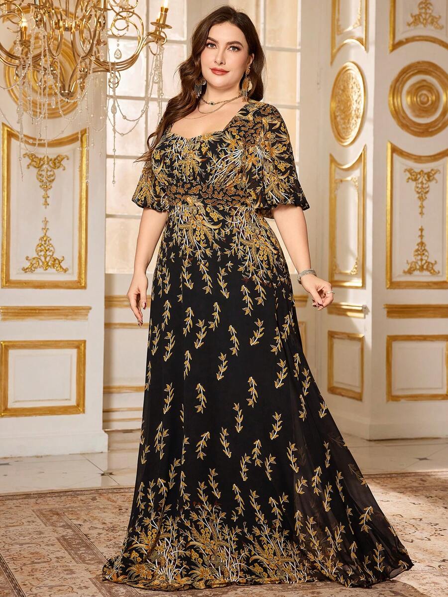 SUPGIR Plus 女士【随机裁剪】方领泡泡袖窄腰印花雪纺气质正式晚礼服 - 彩色 - 查看 1