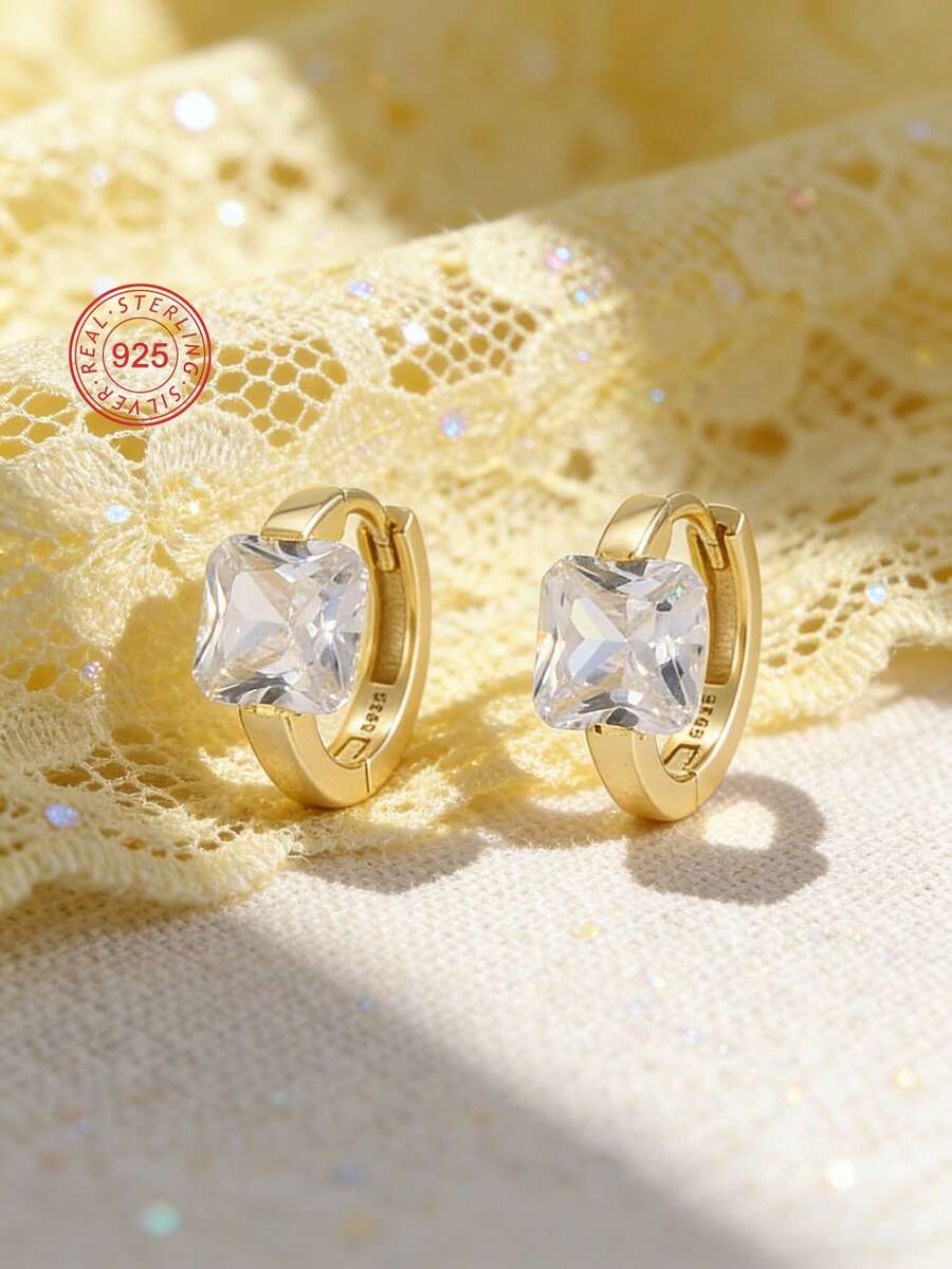 Artepollo 1pc 925 Sterling Silver Hypoallergenic Hoop Earrings With Square Cubic Zirconia, Cute & Elegant, Gift For Girls, Friends, Back To School - Gold - View 1