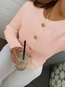 Women's Autumn Graduation Season Casual Crewneck Butter Yellow Ruffle Button Knitted Top Pullover Work/Office - Baby Pink - View 2