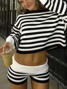 Women Y2K Striped Foldover Knit Shorts Low Waist Slim Fit Knit Mini Shorts Retro Micro Boxer Short Pants Streetwear - 黑色 - 查看 1