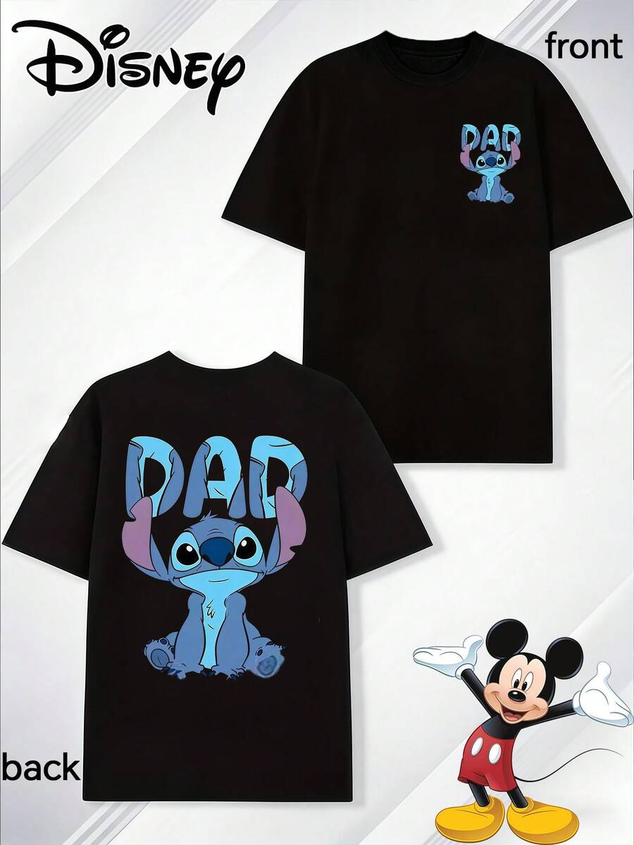 Disney Gift Selection Officially Licensed Cotton Lilo & Stitch DAD Letter Print Short Sleeve T-Shirt, Men's Y2K Street Style Loose Top, American Retro Cartoon Graphic Tees - 黑色 - 查看 1