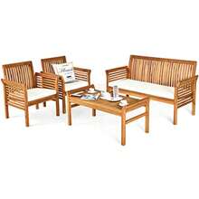 Tangkula 4 Piece Outdoor Acacia Wood Sofa Set With Water Resistant Cushions Padded Patio Conversation Table Chair Set W/Coffee Table For Garden Backyard Poolside 1 - 珍珠白 - 查看 2