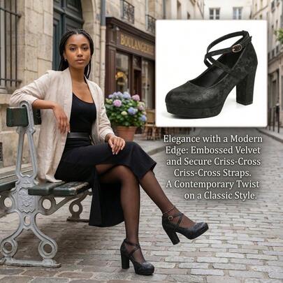 2026 New Summer High Heel Mary Jane Pumps, Matte Floral Leather Criss-Cross Strap Chunky Heel Platform, Retro Commute Party Lightweight Comfortable Plus Size Round Toe Mid Heel Open Toe Sexy Fashionable