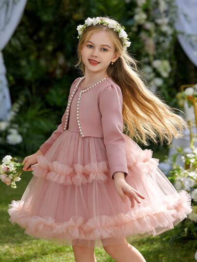 2pcs/Set Young Girl Beaded Tulle Mesh Party Dress, Elegant Princess Dress Flower Girl Dress For Special Occasions, Festivals, Formal Events, Costume Party, Birthday