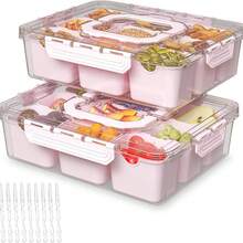 2 Pack Or 3 Pack Divided Serving Tray With Lid And Handles, 8 Or 9 Compartments Snack Box Container Charcuterie Organizer Snackle Box Container For Candy,Nuts,Fruits,Snacks,Pink Or Beige - View 3
