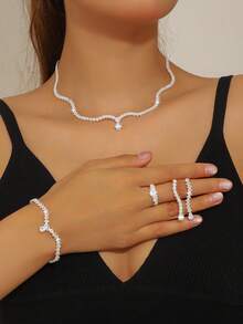 Juego de 4 piezas de joyería elegante y de moda para mujer con circonita cúbica, con estilos de colgante en forma de lágrima y herradura, adecuado para bodas, fiestas, regalos de graduación, verano - Blanco - Ver 2
