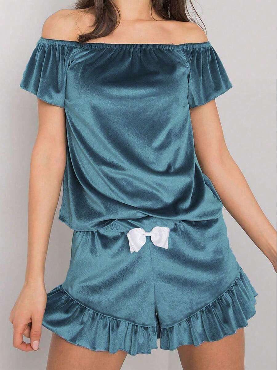 女士春夏睡衣套装，水钻天鹅绒露肩上衣和短裤两件套 - 銀色 - 查看 1