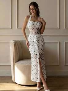 Women's Elegant White Polka Dot Halter Neck Mesh Ruched Slit Maxi Dress, Chic Sexy Evening Dress - White - View 4