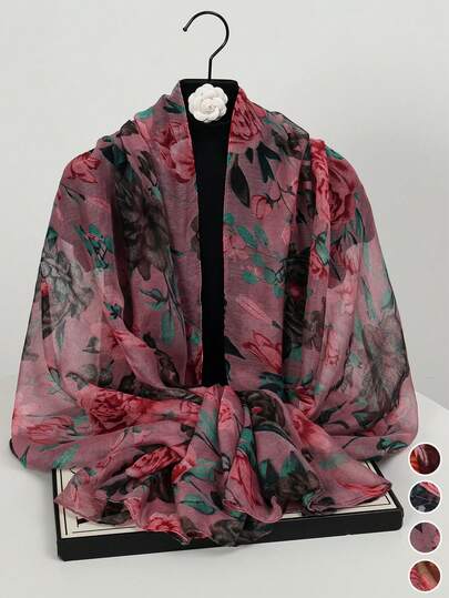 1pc New Bali Yarn Peony Flower Print Scarf, Elegant And Fashionable Thin Sunscreen Scarf For Women, Multi-Functional Soft Shawl Scarf, Daily Evening Dress Outer Wear, Travel Beach Sunshade Shawl, Photography Wear And Festival Gift