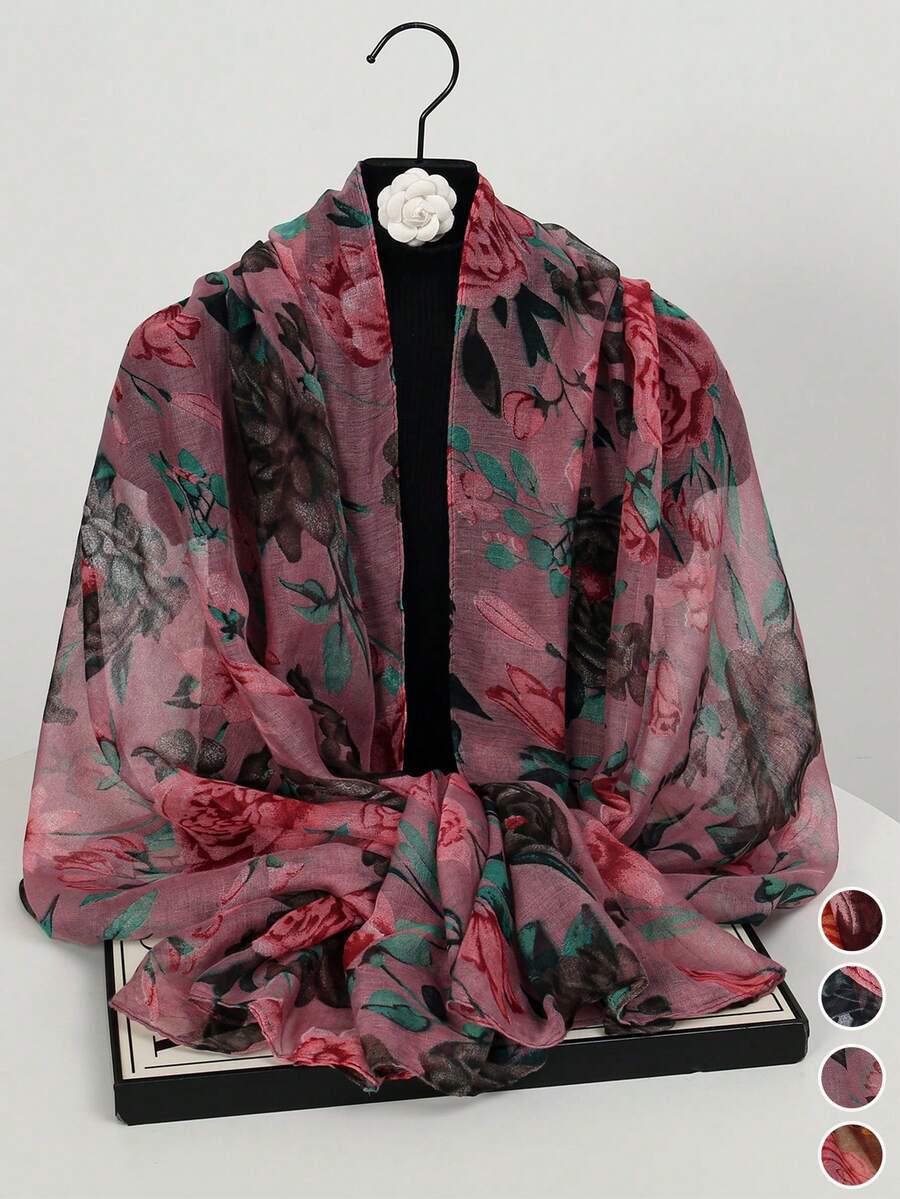 1pc New Bali Yarn Peony Flower Print Scarf, Elegant And Fashionable Thin Sunscreen Scarf For Women, Multi-Functional Soft Shawl Scarf, Daily Evening Dress Outer Wear, Travel Beach Sunshade Shawl, Photography Wear And Festival Gift - Multicolor - View 1