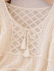 JIANHU 轻盈钩编流苏系带开衫，透气波西米亚风，适合度假、母亲节、节假日和夏季海滩派对。 - 杏色 - 查看 4