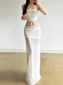 Top Dazzle Jupe longue transparente en maille blanche sexy pour femmes avec détails contrastés, idéale pour les soirées et les événements d'été - Blanc - Voir 3