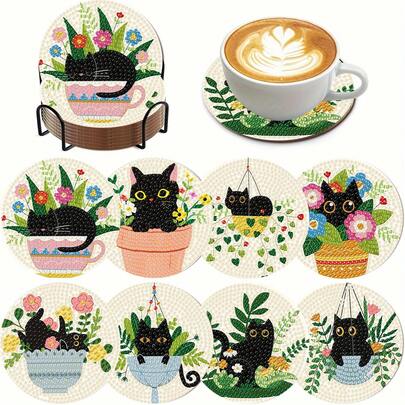8件套黑猫钻石画杯垫套装，圆形亮面钻石，粘性强，工具齐全，适合初学者，减压手工，新年、情人节、圣诞节、教师节礼物，家居装饰杯垫，送给家人、朋友、女朋友、老师