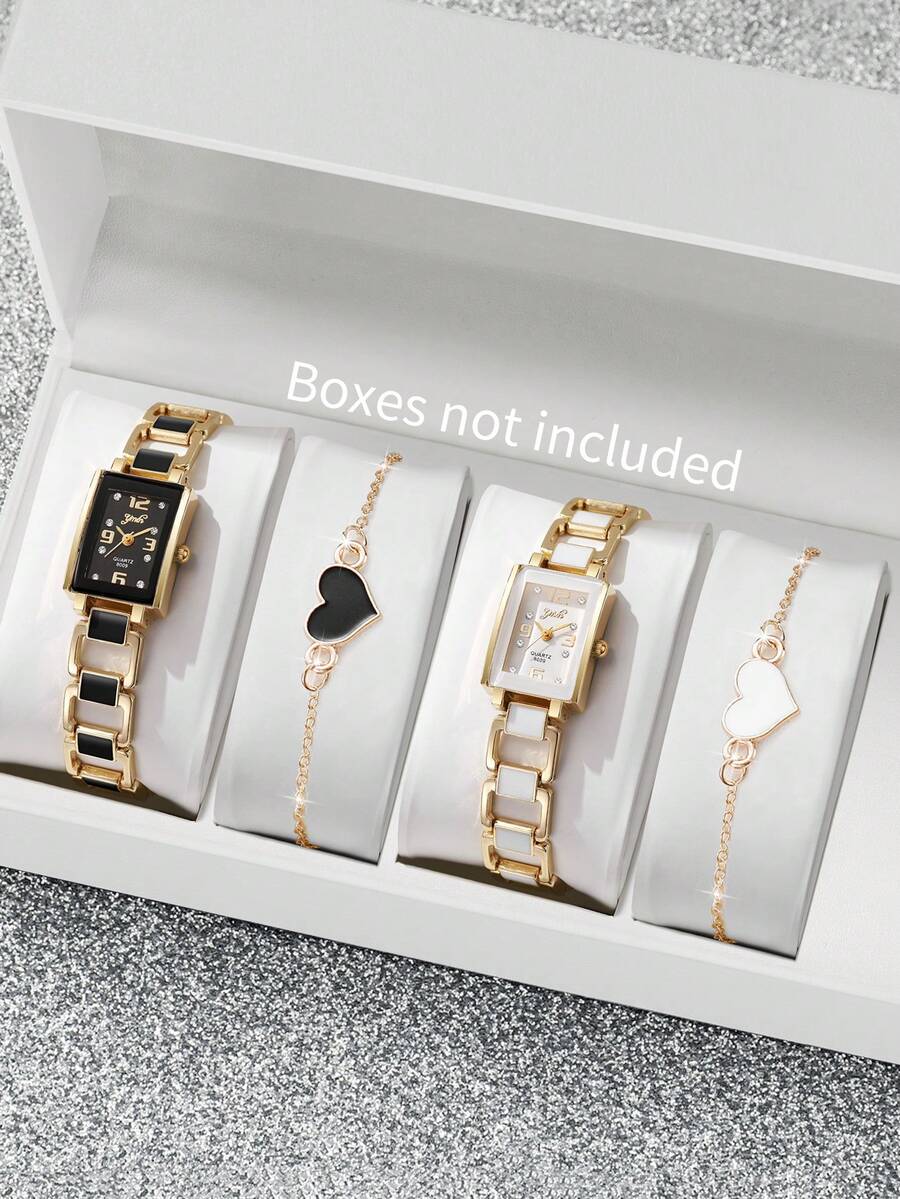 4pcs/Set Women's Gift Watch With Square Dial, Rhinestone Scales, Elegant Quartz Wrist Watch + Heart-Shaped Bracelet (Watch Box Not Included) - Multicolor - View 1