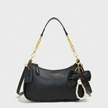 New Classic Wild Letter Decor Design Solid Color Waterproof PU Crescent Shoulder Bag, Suitable For Shopping, With Cherry Pendant Decoration, Summer Crescent Bag, Beach Vacation, Student Season, Ladies Handbag - Black - View 6