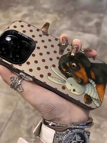 1pc Fashionable Polka Dot Rabbit & Dog Graphic IMD Shockproof Anti-Slip Black Phone Case, Compatible With IPhone 16 Pro Max/16/16 Pro/16 Plus/15/15 Pro Max/15 Pro/11/12/13/14 Pro Max/11 Pro/11 Pro Max/12 Pro/12 Pro Max/13 Pro/13 Pro Max/14 Pro/14 Pro Max, Creative Elegant Design - Multicolor - View 3