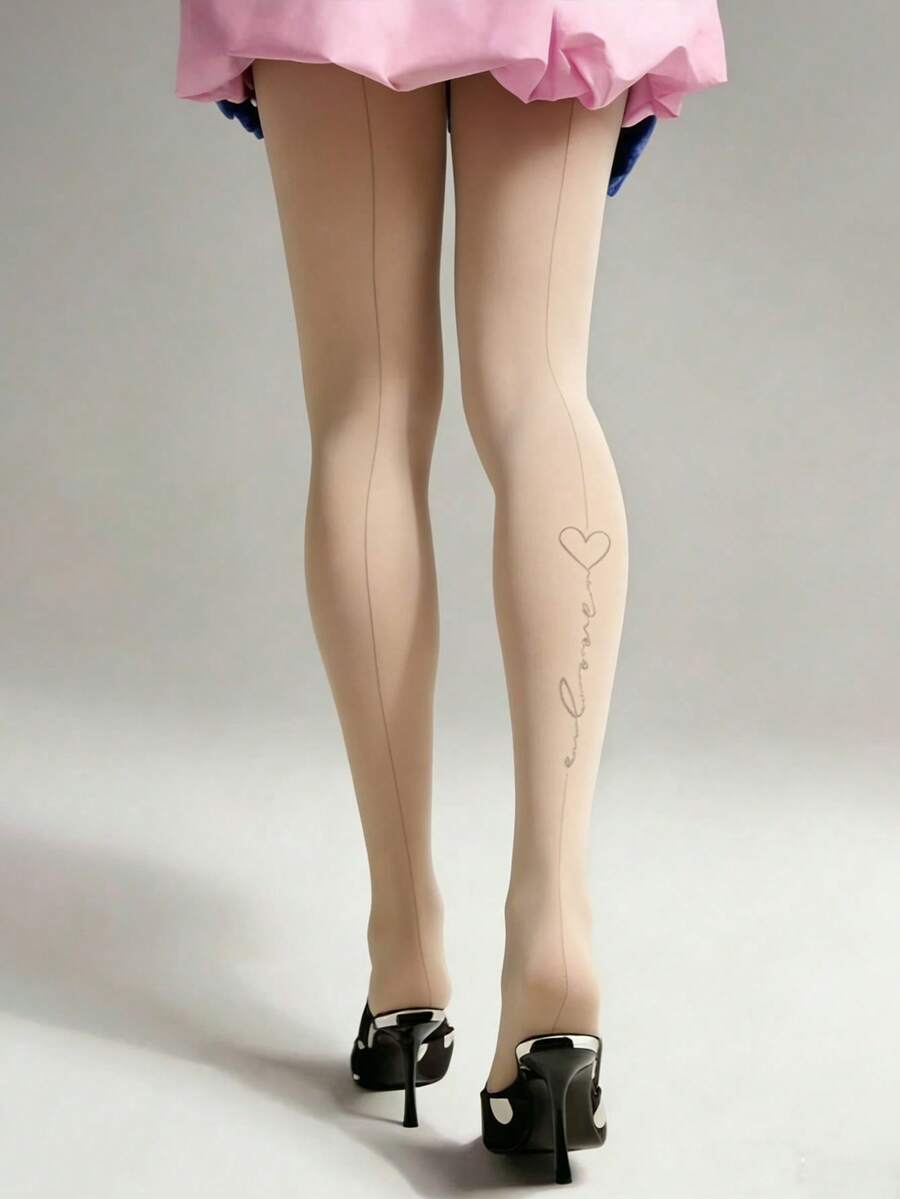 1 Pair Nude Sheer Tights With Black Heart Print Sexy Contrast Pattern Stockings Daily Wear - Multicolor - View 1