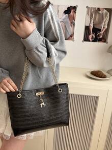 1pc Deer Decor Woven Paper Large Capacity Tote Bag, Suitable For Women's Daily And Beach Use In Spring/Summer - Black - View 4